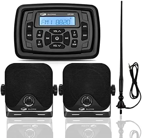 Marine Radio Bluetooth and Speakers Audio System Package-Waterproof Marine Stereo Receiver+ 1 Pari 4 inches Black Speake