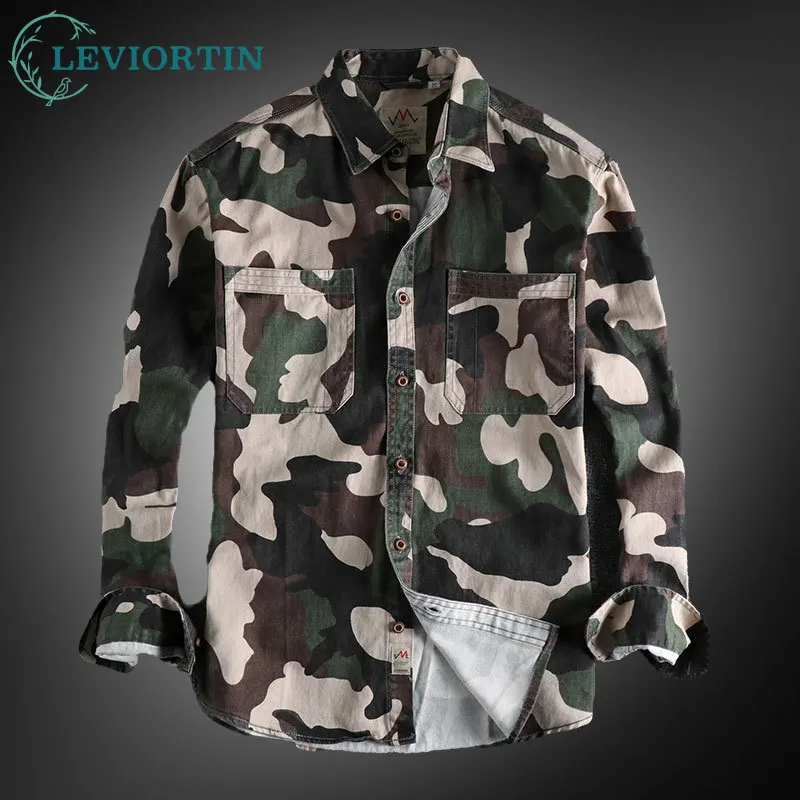 

Amekaji Male Cargo Shirt Jacket Canvas Cotton Washed Camouflage Military Uniform Light Casual Work Safari Style Mens Shirts Tops