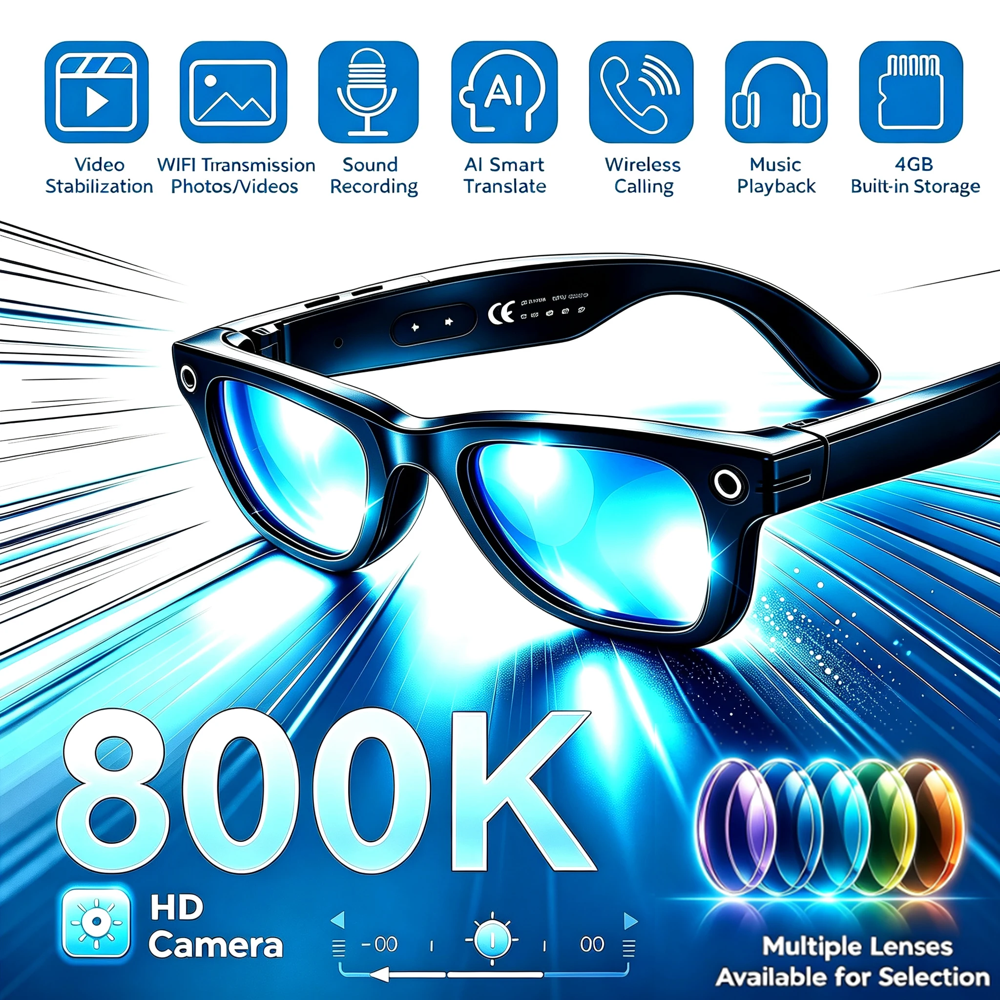 AI Smart Glasses – 800W Camera, Touch, Wi-Fi product image