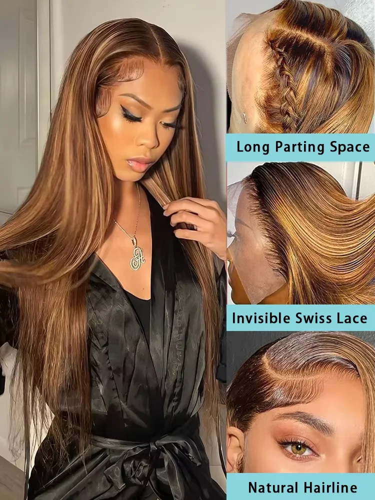 P4/27 42 46 Inch Highlight Bone Straight 13x6 Human Hair Lace Frontal Wigs 220% Colored Ombre 13x4 HD Lace Front Wig For Women