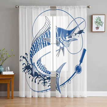 낚시 후크 미끼 막대, 동물 자연 거실 얇은 명주 그물 커튼, 침실 보일 커튼, 모던 시어 커튼