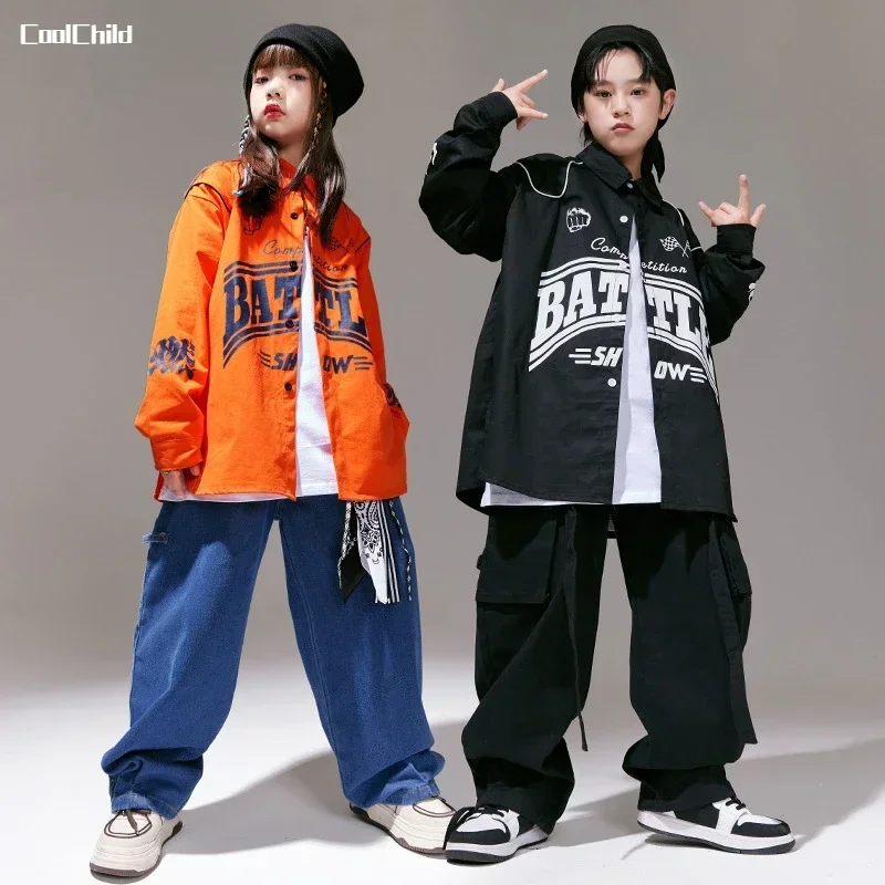 힙합 소녀 멋진 셔츠 느슨한 청바지 소년 재즈 자켓 카고 바지 어린이 streetwear 의상 어린이 거리 댄스 의류 세트