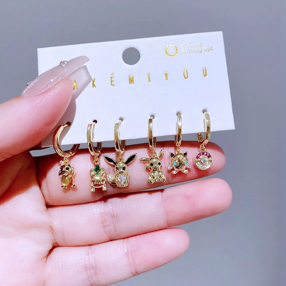6pcs/Set Cute Cartoon Animal Pendants Huggie Hoop Earrings for Women Gold Color Zircon Crystal Jewelry 5