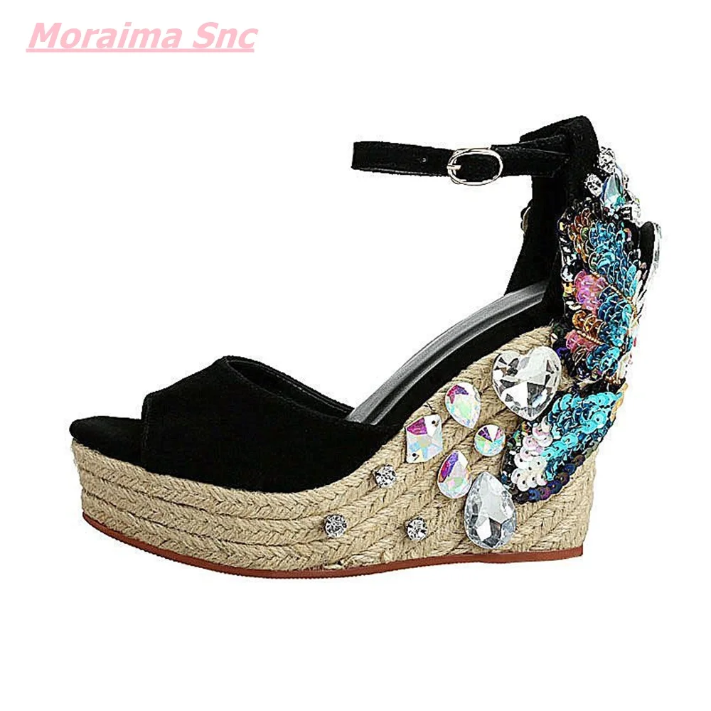 

Summer Brand Design Wedges Women Sandals Open Toe Shallow Woven Platform Cover Heel Bling Rhinestones Leather Wedding Party Shoe