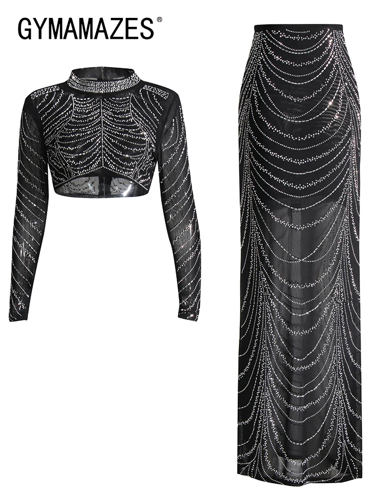 

GYMAMAZES Sheer Spliced Diamonds Two Piece Sets For Women O Neck Long Sleeve Tops High Waist Skirt Slimming Chic Set Female 2023