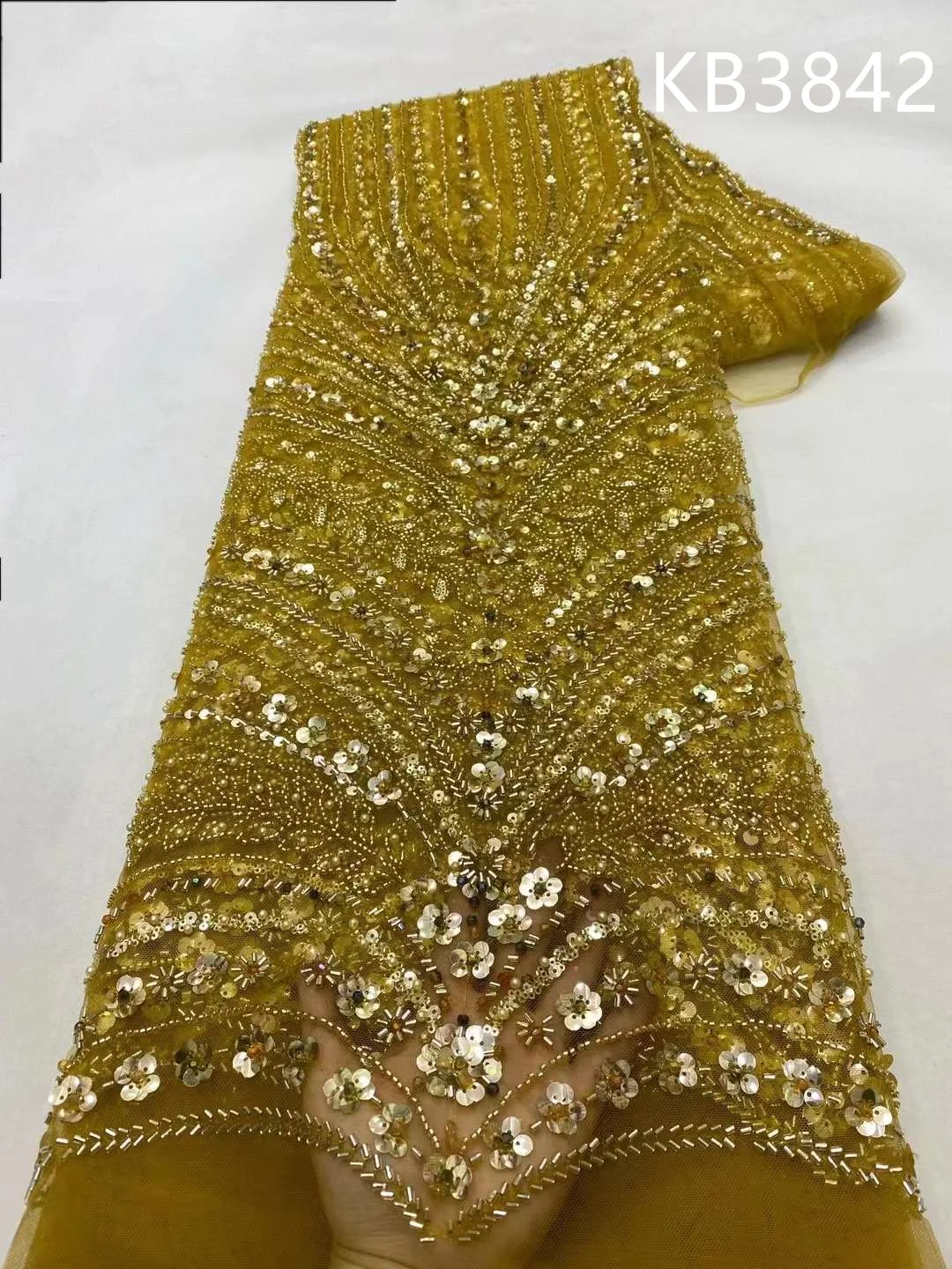 

African White Beaded Fabric Lace Nigerian Lace Fabric 2023 High Quality Lace Gold Embroidered Lace Tulle Lace For Sewing KB3842