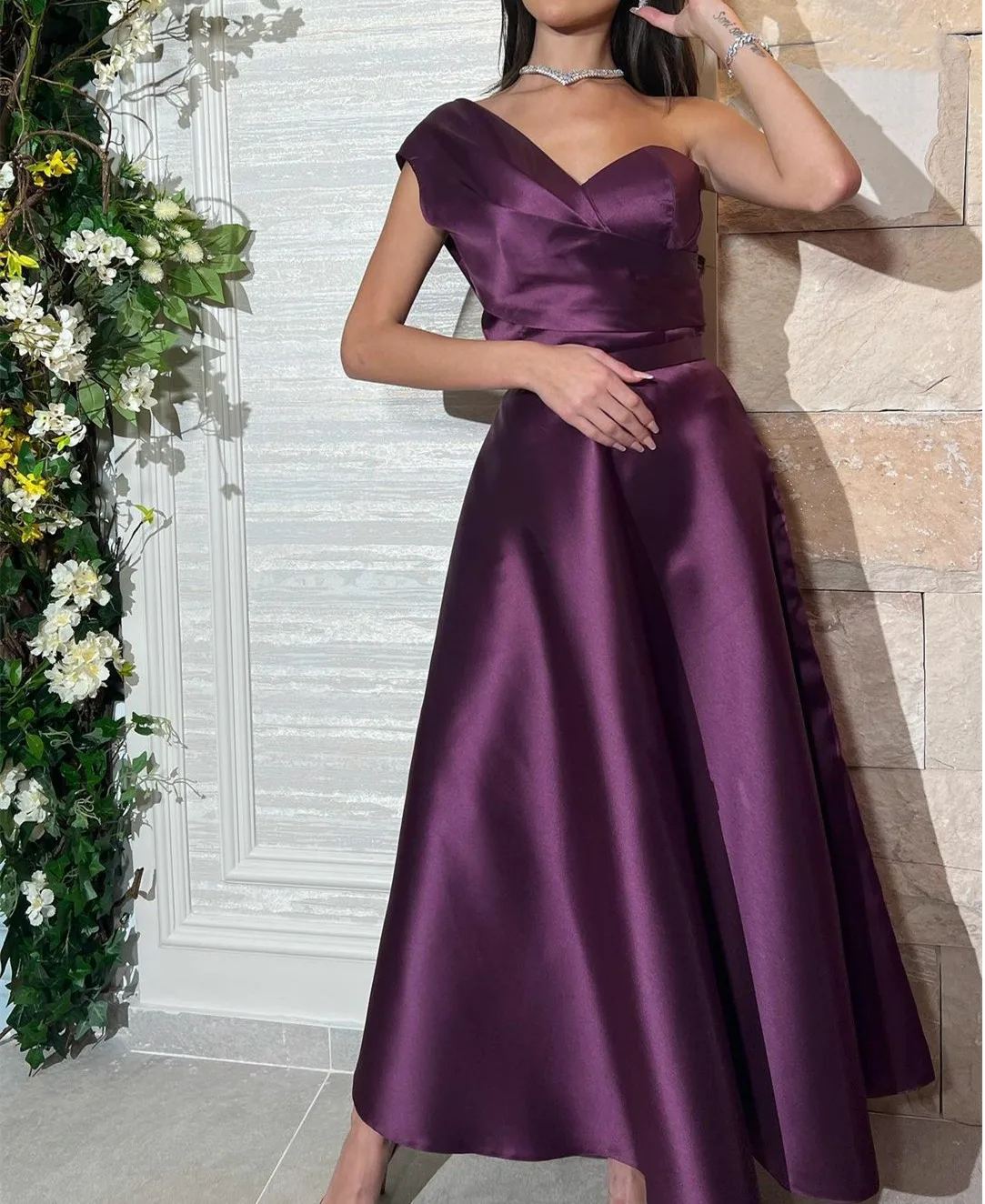

AsaNagi Purple Grape Satin Evening Dresses One Shoulder A-Line Ankle-Length Prom Dress Robe de soirée For Women 2023