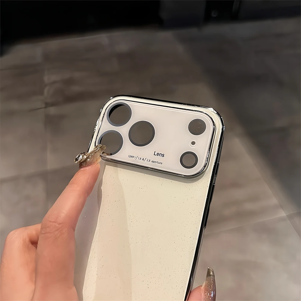 Luxury Shiny Glitter Glossy Glass Phone Case with Plating Lens Protector and Shockproof Design