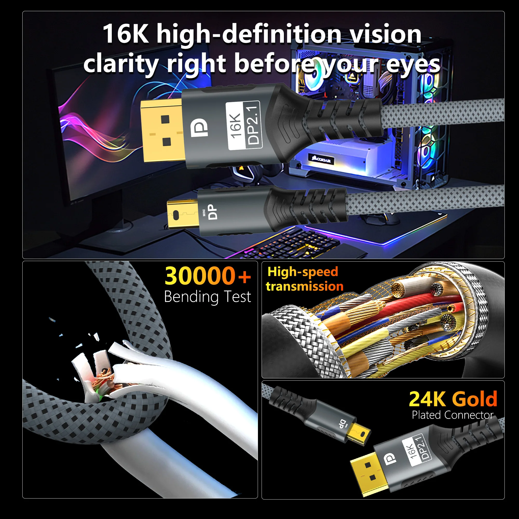 Bi-Directional Mini DP to DisplayPort Cable – 16K@60Hz, 8K@120Hz Transmission