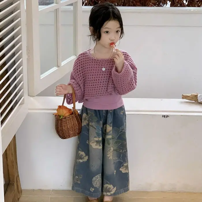 한국 봄 가을 아동 의류 소녀 빈티지 꽃 청바지 캐주얼 아동 와이드 레그 팬츠 패션 루즈 바지