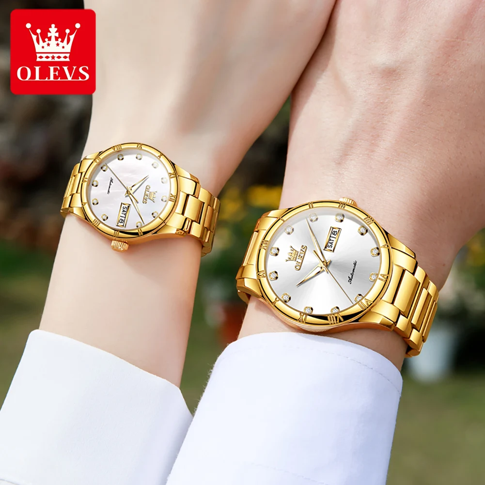 OLEVS 7030 Couple Watches Dual Calendar Fashion Roman Scale Diamond Mechanical Wristwatch Waterproof Luminous Automatic Watch