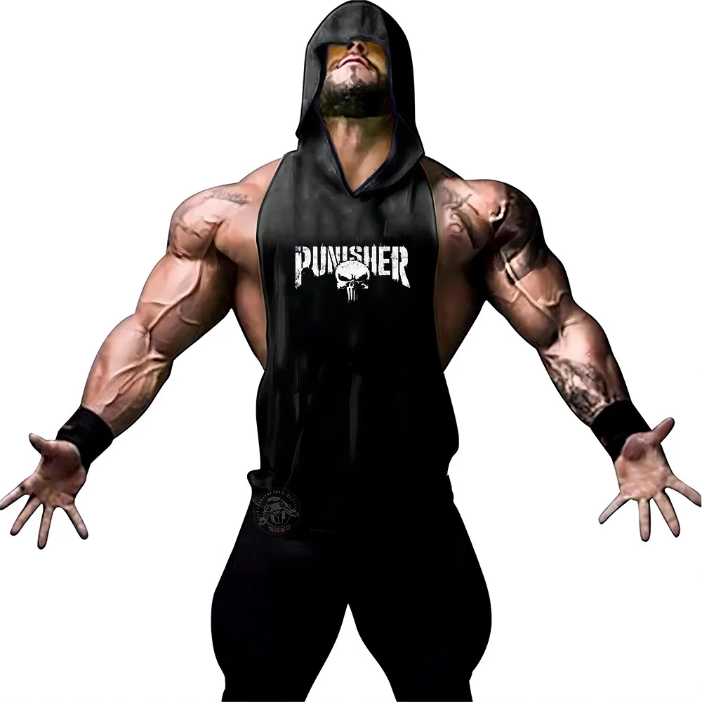 Description Picture 3 of item2024 Summer Gym Sport Sleeveless vest Tops 2D Fitness Muscle Man Print Adult Men's Outdoor Sport Hooded vest tops T-shirt