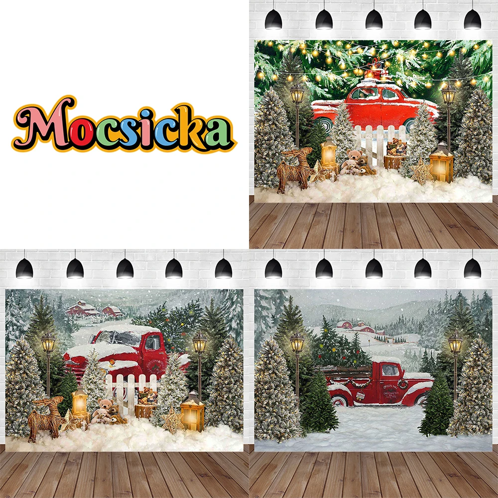 

Red Car Christmas Baby Birthday Party Photography Backdrop Wonderland Pine Forest Light Gift Snowflake Background Newborn Studio