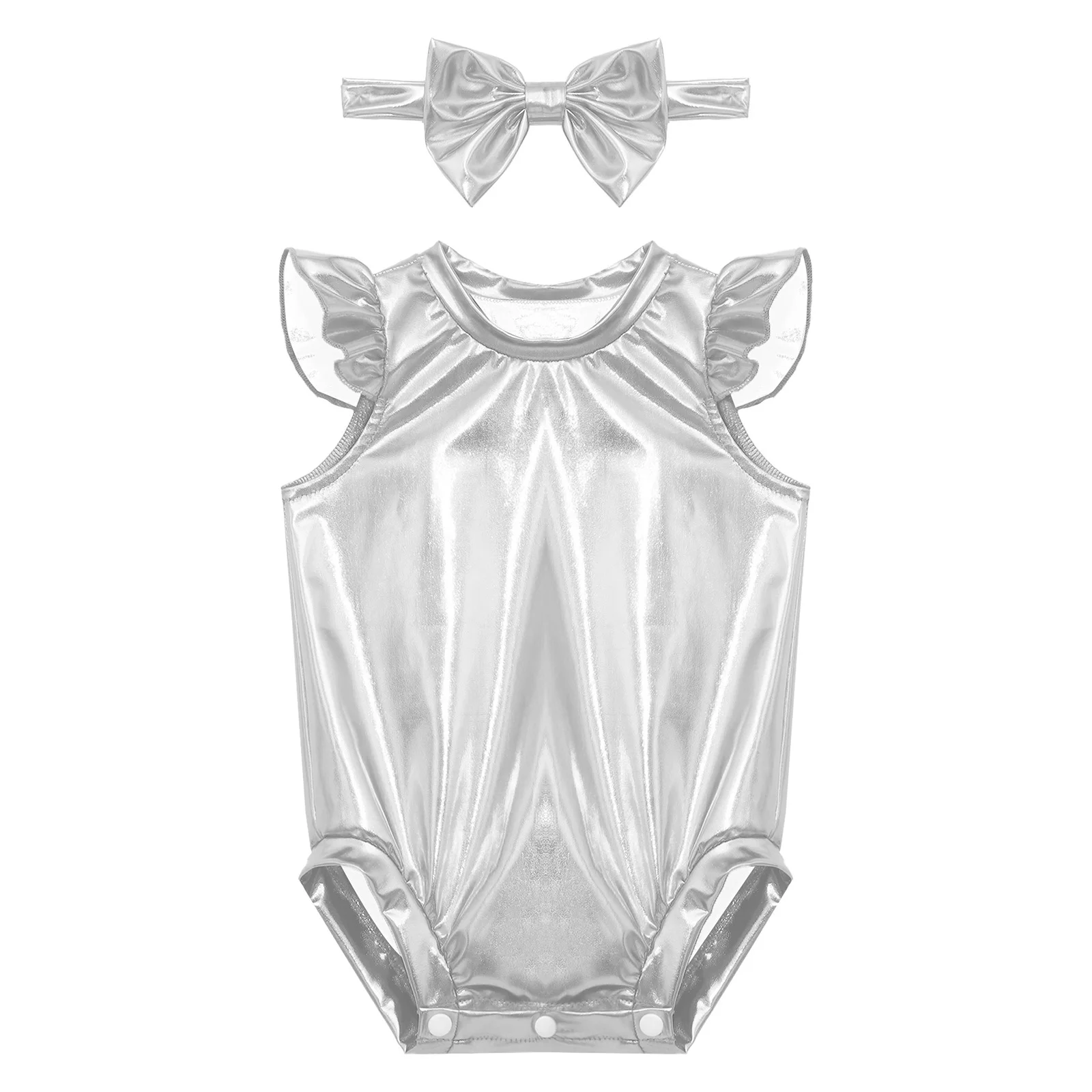 Abbigliamento per neonate, abiti per feste di compleanno, abiti per fotografia, maniche arricciate, tutina metallizzata lucida con fascia per capelli con fiocco, 0-24 mesi - immagine 3