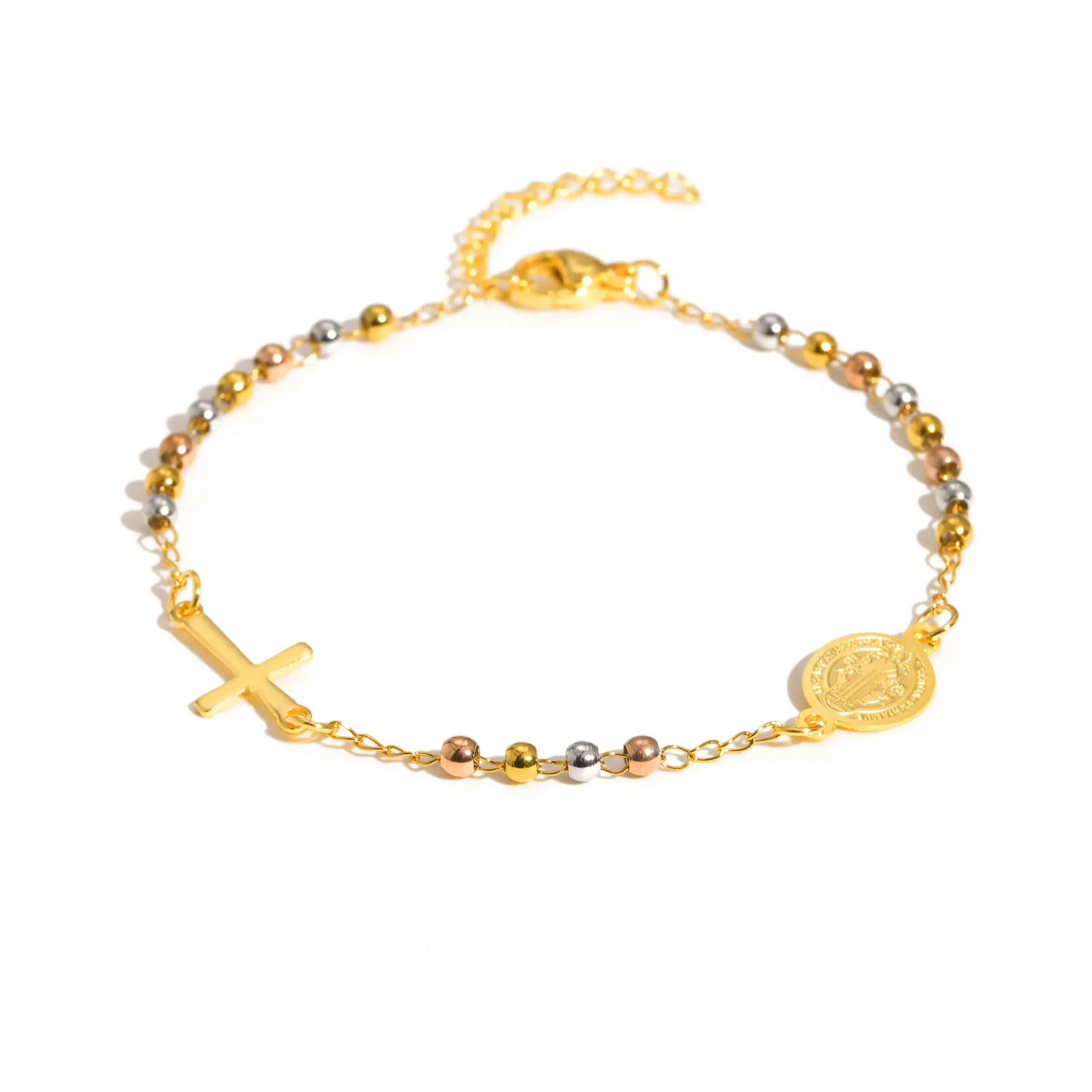 Dreifarbiges Heiliges Rosenkranz-Kreuz-Armband für Frauen, rundes Perlen-Armband aus Edelstahl in Goldfarbe, Jungfrau Maria, Christentum-Schmuck – Detail 8