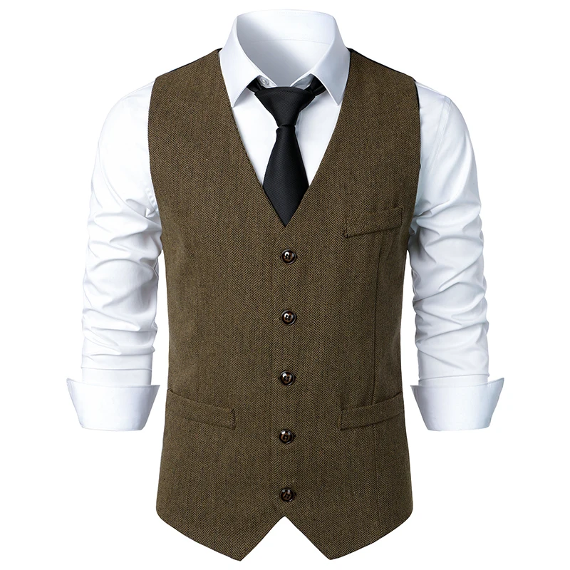 Mens Vest Slim Fit Sleeveless Wool Tweed Waistcoat Men Double Breasted Herringbone Tweed Vest Men Business Casual Gilet XXL dress vests