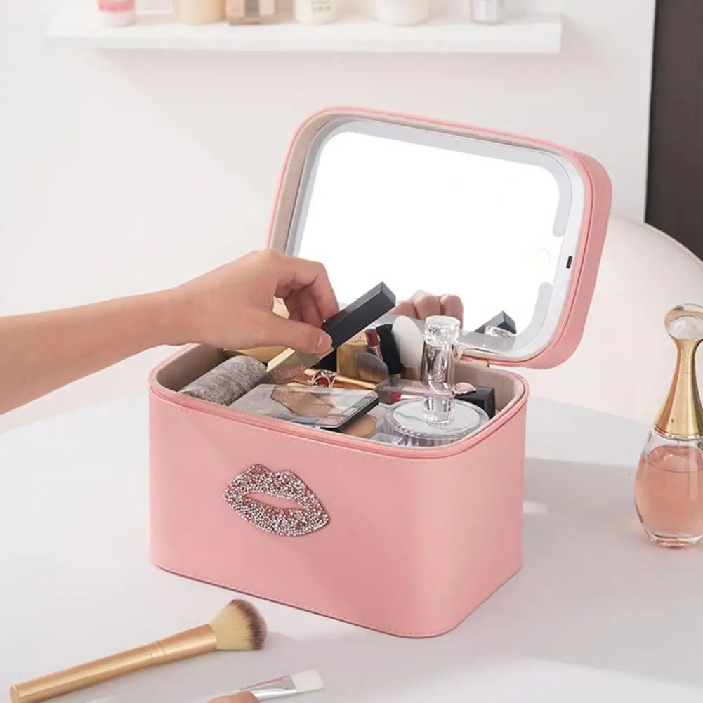 Travel Makeup Bag with LED Lighted Mirror Large Capacity Zipper Closure Handle Design Portable Cosmetic Makeup Organizer Bag 4