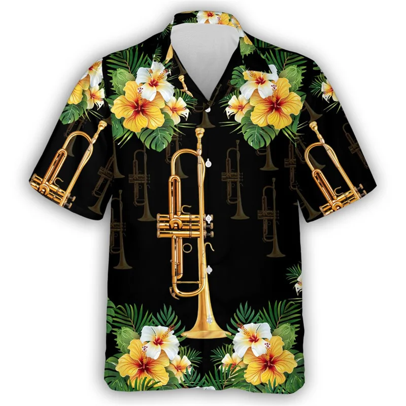 Camisa hawaiana con estampado de instrumentos musicales para hombre, camisas hawaianas con estampado 3D de flores coloridas, blusas casuales de verano de manga corta con solapa