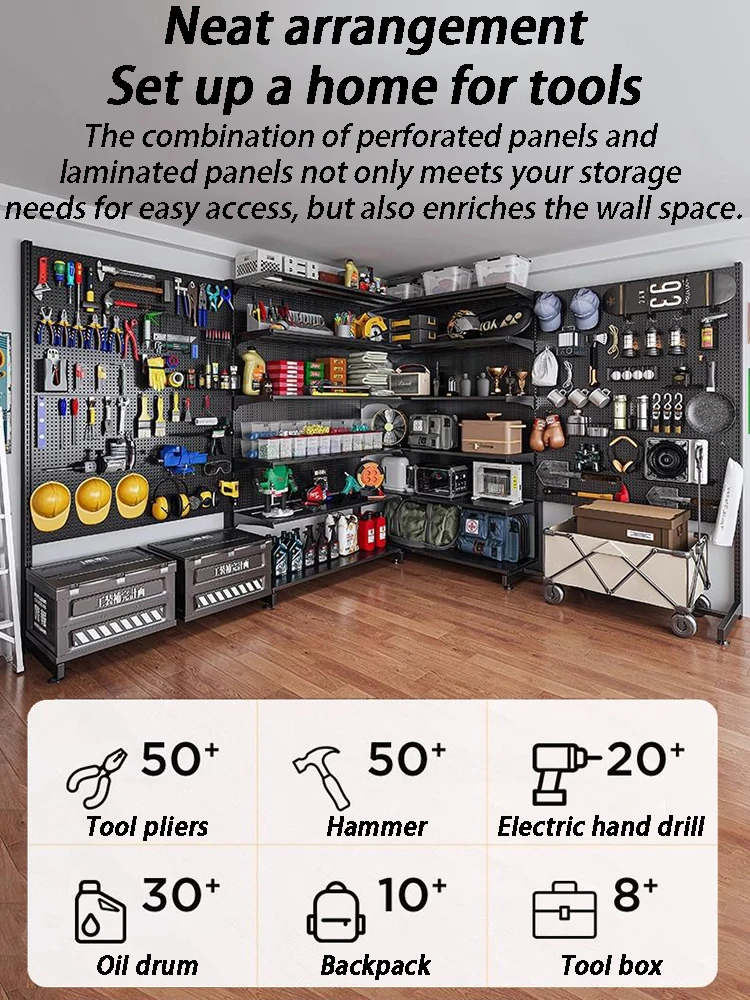 High-capacity Hole Board Tool Storage Rack Floor Standing Hardware Tools Organizer Shelf Multipurpose Metal DIY Pegboard 2