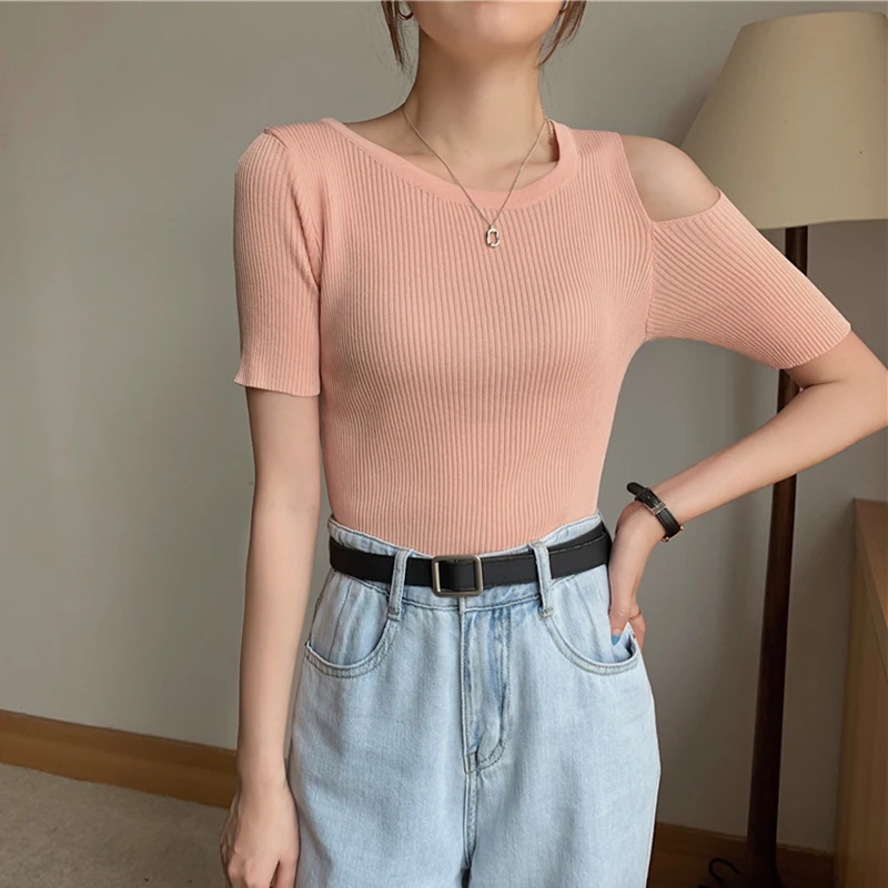 2022 Summer Knitted Sweater Pullovers Off Shoulder Sweater for Women Short Sleeve White Black Soft Female Jumper Clothing pullover sweater Sweaters