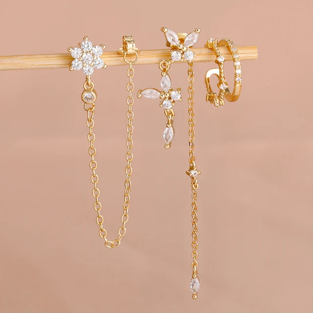 Ensemble de 3 paires de boucles d'oreilles de luxe pour femmes, motif fleur, papillon, chaîne à pampilles, en zircon, avec clips d'oreille sans perçage, bijoux de style urbain