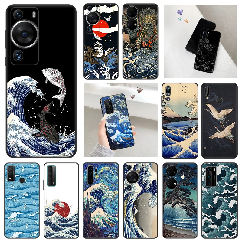 Custodia Morbida Per Telefono Per Huawei P40 P50 P60 Pro P30 P20 Lite P Smart Z Pixel 7 6 5 A 4 Xl Great Wave Of Kamagawa Black Matte Cover