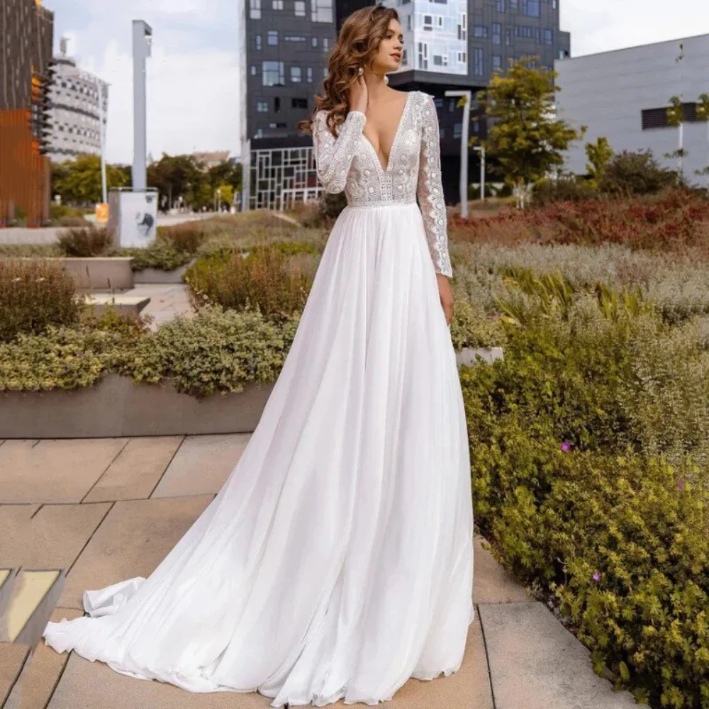 

New Luxury Wedding Dresses Exquisite A-Line V-Neck Bridal Gowns Appliques Backless Chiffon Full Sleeve Vestidos De Novia W10305