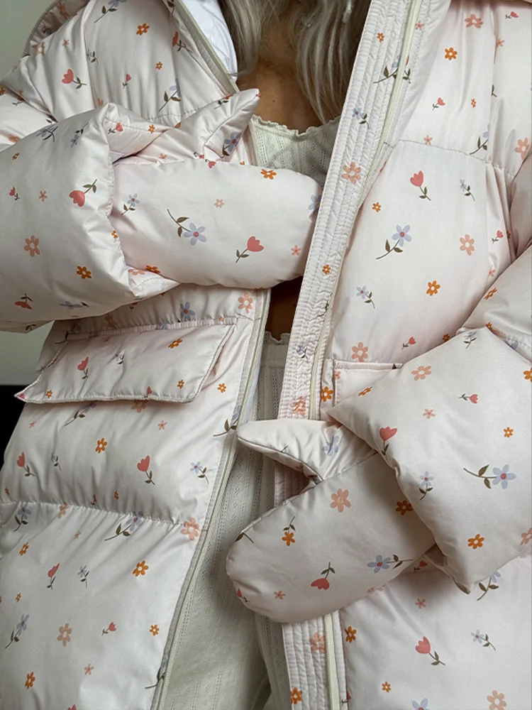 Übergroße Blume Gedruckt Frauen Baumwolle Mantel Puff Sleeve Mit Kapuze Taschen Zipper Weibliche Winter Lose Beiläufige Straße Jacken Damen – Detail 10