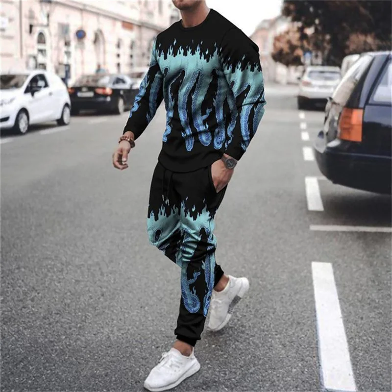 

2024 New Men Running Tracksuit Long Sleeve O-neck Tee Top+Pant 2 Pieces Set Casual Sports Suits Men's Sportswear Spring Summer
