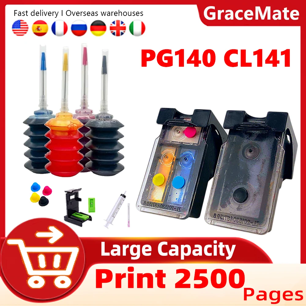 GraceMate PG-140 CL-141 Refillable Ink Cartridge PG140 CL141 Compatible for Canon Pixma MG3510 IP2880 MG2580 MG2400 MG2500 2580 |