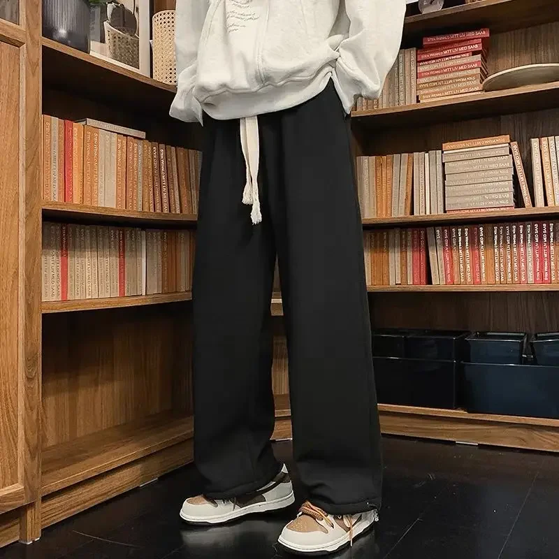 Autumn and Winter Men's Casual Pants Solid Color Jogger Pants Elastic Waist Straight Trousers Fleece Sweatpants