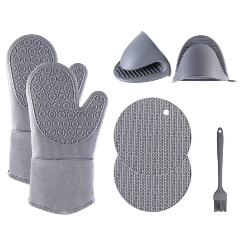 

7 pc/set Lengthened Silicone Plus Cotton Gloves Set Silicone Hand Clip Microwave Gloves BBQ Baking Insulated Oven Gloves