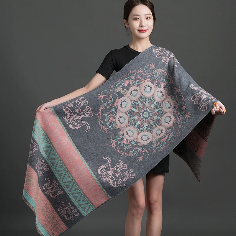 

New Ethnic Style Autumn Winter Women Cashmere Pashmina Scarves Jacquard Thick Warm Shawl Wrap Bufanda Travel Double-sided Scarf