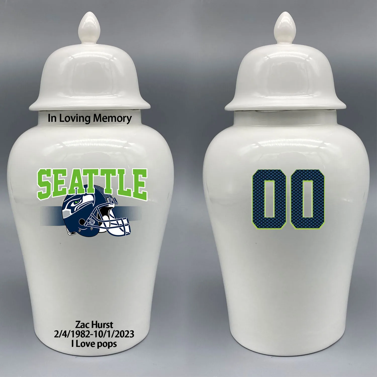 

Large Urn for Seattle Seahawks-themed Logo Urn.Please send me the customize information-name/date and number on the urn