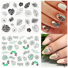 

Water Transfer Stickers Sketching Black Lines Tropical Palms Leaves Nail Decals For Nail Art Manicure Beauty