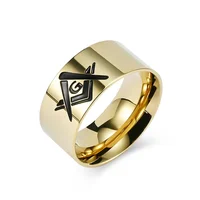 10mm Black Gold Plated Stainless Steel Men's Freemasonry Band Ring Cool Quality Titanium Mason Ring 1