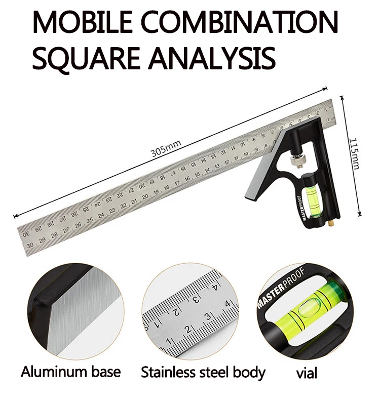 Angle Square Measuring Tools Set Precise Stainless Steel Aluminium Durable Adjustable Combination Spirit Level 12" 300mm