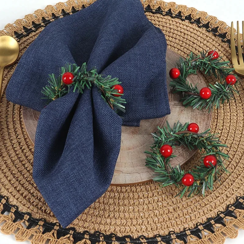 10PC Merry Christmas Red Berry Pine Needle Wreath Design Napkin Ring Christmas Table Decorations For Xmas Navidad Party Supplies