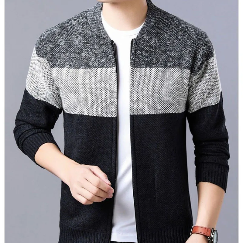 2023 Autumn and Winter Fashion Plush and Thickened Color Blocked Vertical Collar Zipper Versatile Long Sleeve Sweater Cardigan