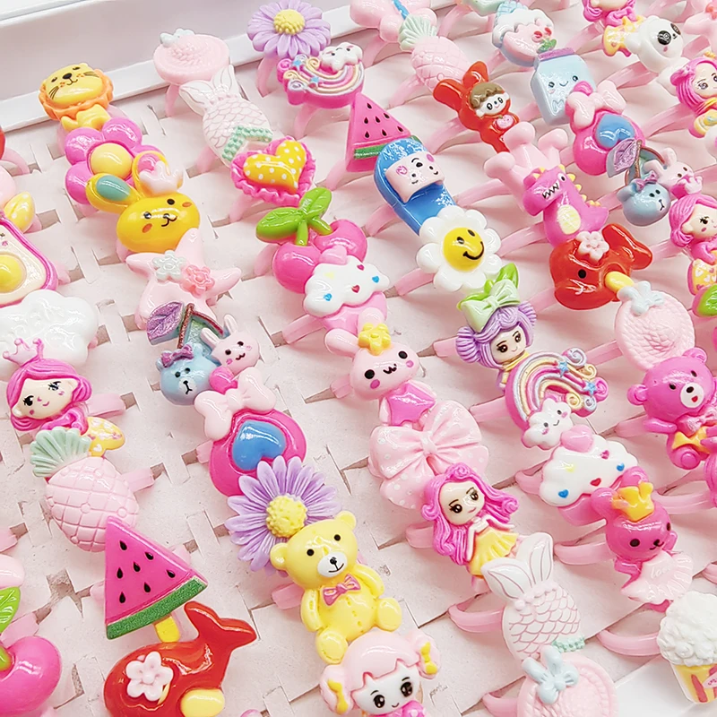 50/100pcs Child Finger Ring Gifts for Little Girl Bear Fruit Flower Animal Jewelry, finger ring, animal ring