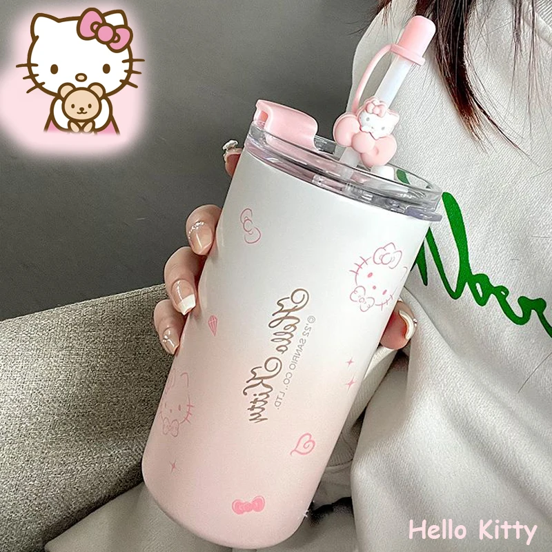 

Sanrio Kawaii Hello Kitty, чашка для воды, студенческий мультяшный аниме 480 мл, портативный соломенный термос для прямых напитков, чашка, Офисная кофейная чашка, подарок
