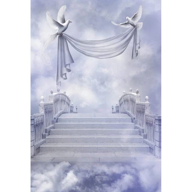Renaiss 10x8ft Stairway to Heaven Backdrop Holy Light Cross Clouds Paradise  Stairs Background Staircase to Heaven Christian Activity Decor Church