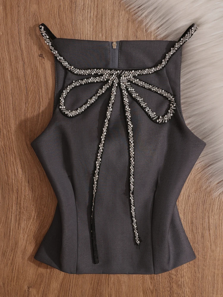 Ele  Knot Diamond Embedded Ne Hanging Strap Vest Women's Slim Fit Sexy Svel Unique Top Pure Desire Sle