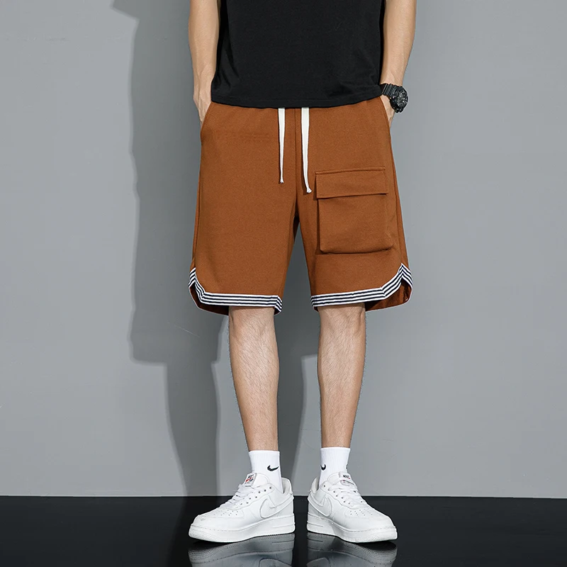 Safari Style Drawstring Loose Casual Shorts Men's Clothing Striped Spliced Pockets Summer Youthful Vitality Straight Knee Pants