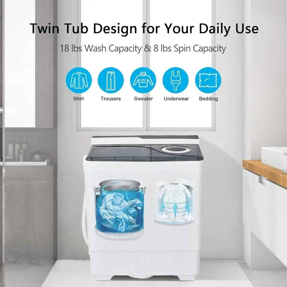 Portable Washing Machine, Twin Tub 18 Lbs Washer and 8 Lbs Spinner W/ Control Knobs & Timer & Drain Pump, Laundry 3