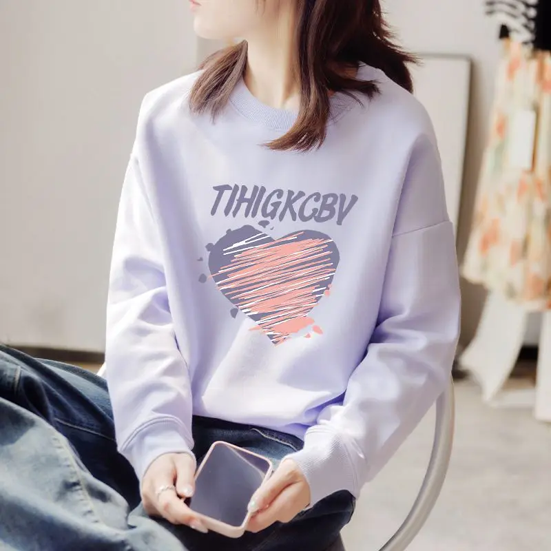 2023 Autumn and Winter Women's New Loose Casual Round Neck Long Sleeve Solid Print Comfortable Versatile Pullover T-shirt