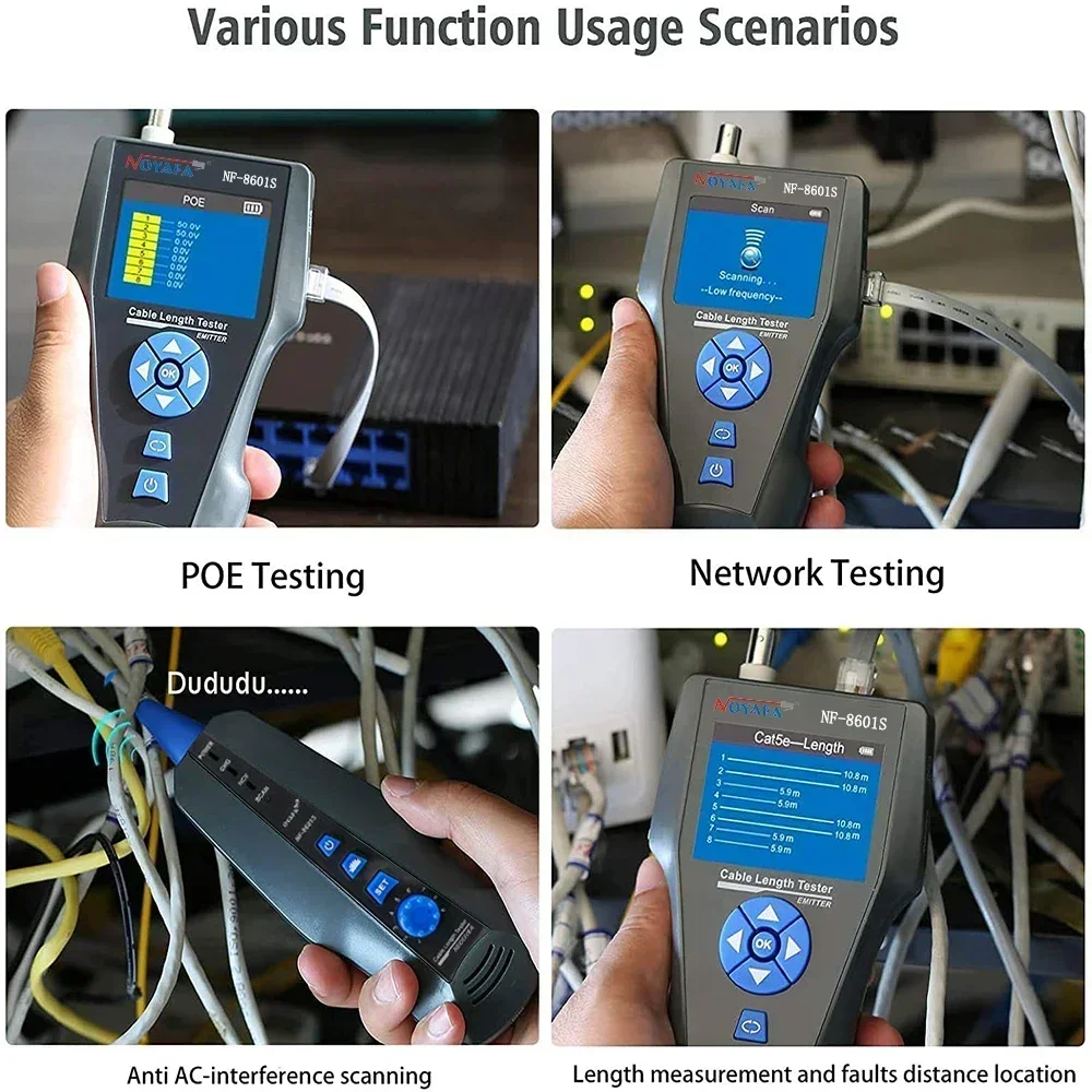 ZHOUCE NF-8601S Multifunctional RJ45 CAT6 Network Cable Tester Cable Tracker PoE/PING/Port LCD Display Measure Length Wiremap