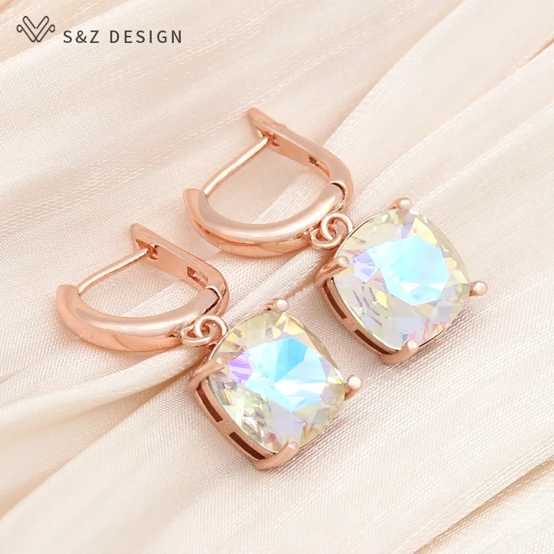 S&Z DESIGN New Fashion Classic Simple Square Crystal Drop Earrings 585 Rose Gold Color Eardrop For Women Wedding Jewelry Gift