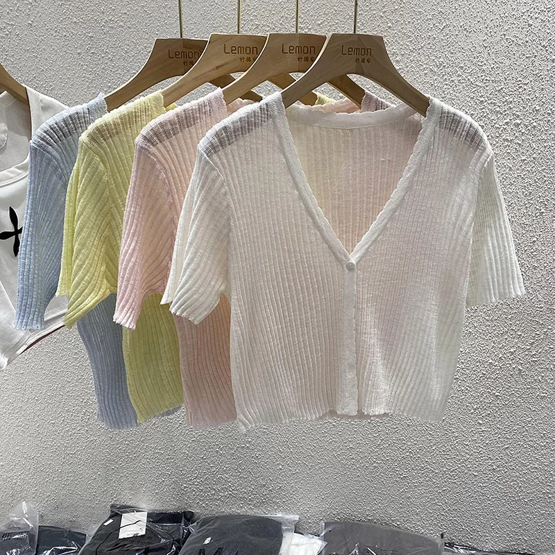 

2022 Summer Female Clothes Solid Color Single-breasted V-neck Cardigans Thin Woman Sweater Cool Ladies' Shirts