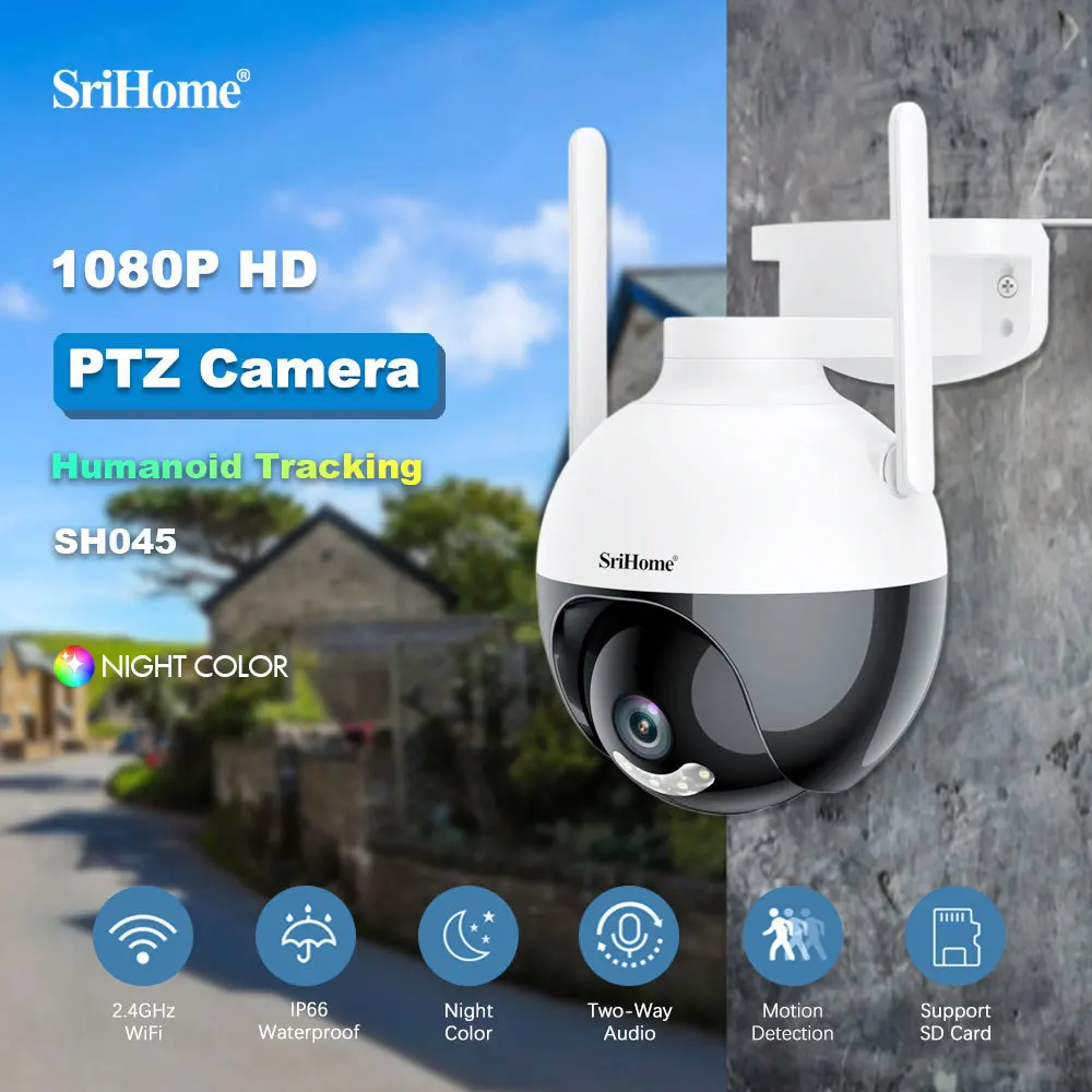 

Srihome SH045 HD 2MP 1080P Wireless PTZ IP Dome Camera AI Humanoid Detection Night Vision Security CCTV Intercom Baby Monitor